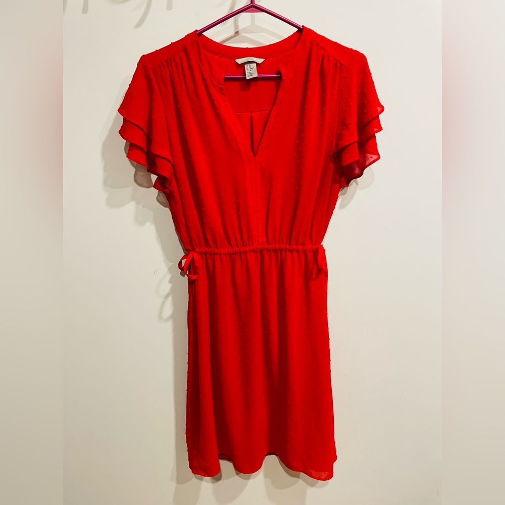 H&M Red Flutter-Sleeve Waist-Tie Mini Dress